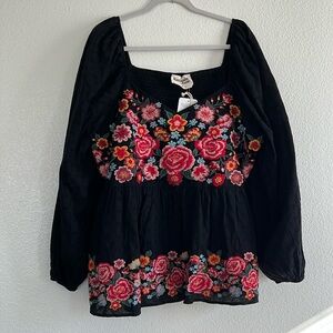 Black floral long sleeve babydoll top, size 1X